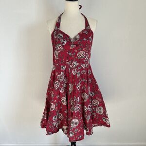 Hell Bunny Vixen Dress Red Sugar Skull  Halter Sundress Pinup Rockabilly Sz XL